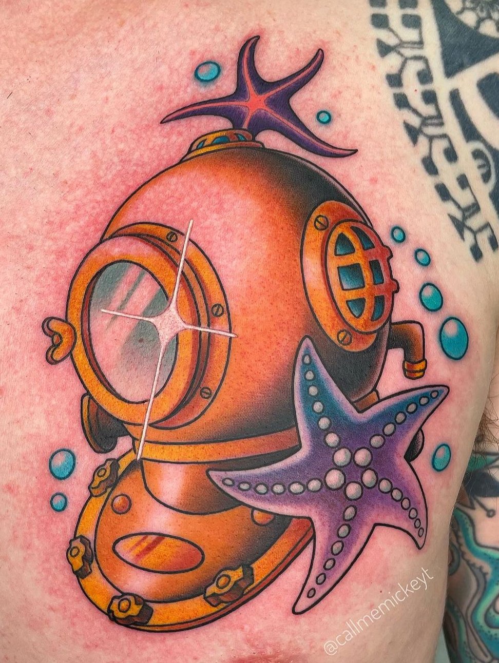 traditional diver ocean tattoo on chest