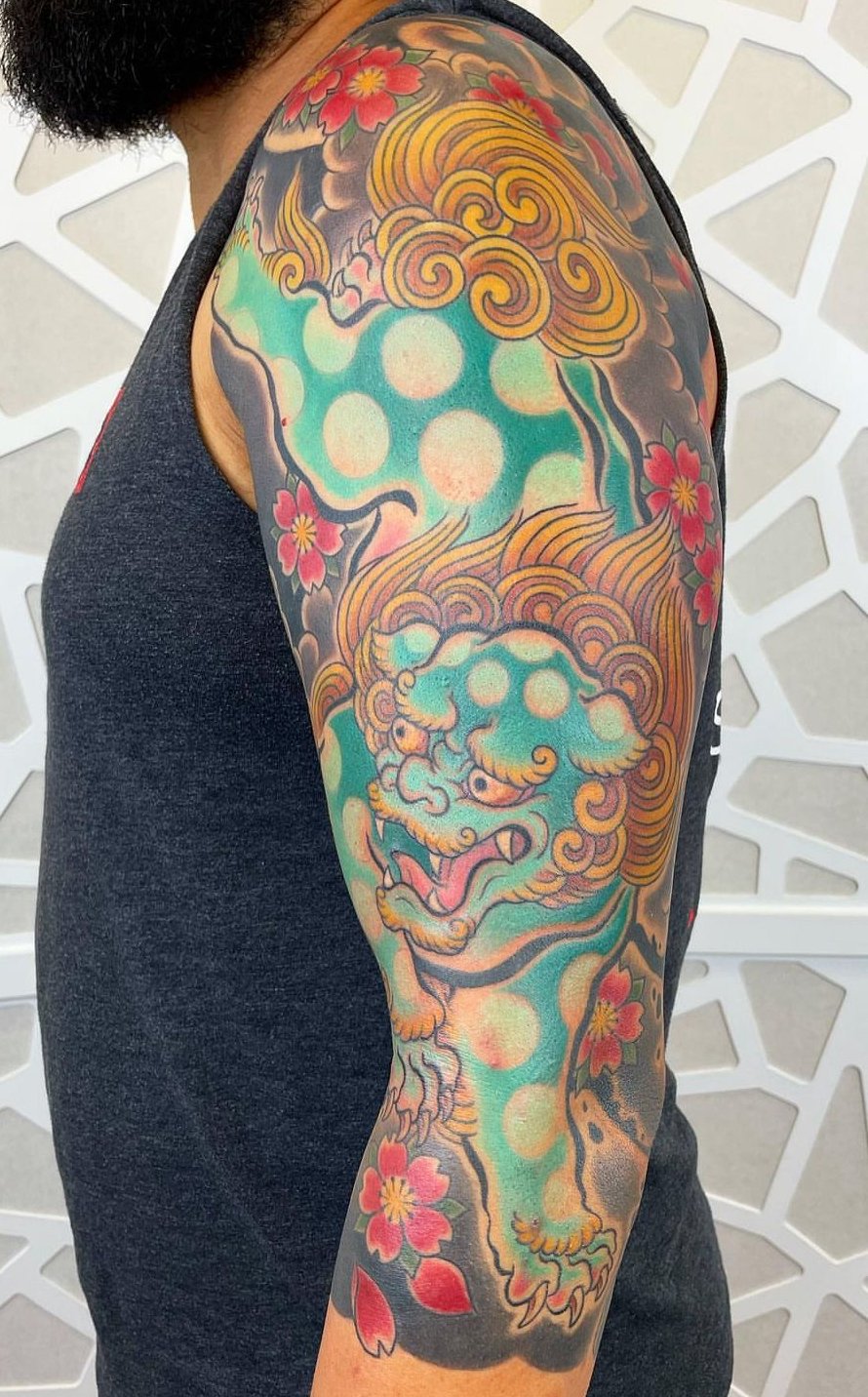 Japanese traditional sleeve - foo dog and cherry blossoms