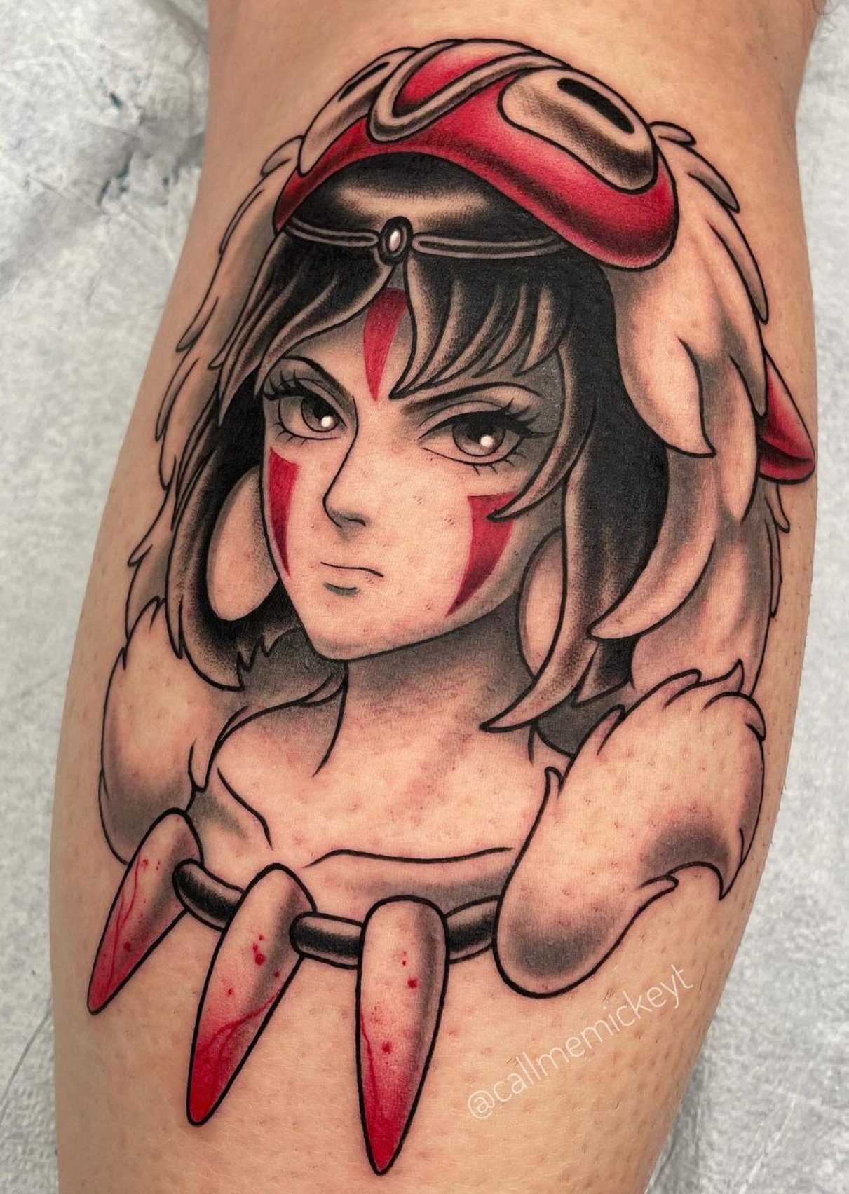 Stylized traditional Princess Mononoke San — Ghibli anime tattoo