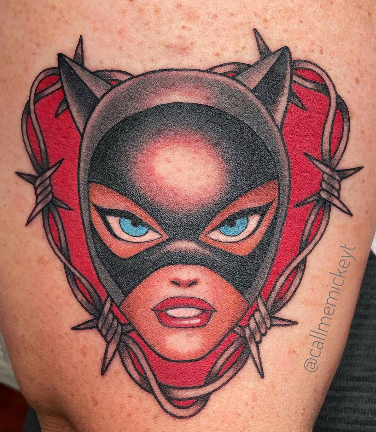 Catwoman tattoo - classic 90s cartoon version with barbed wire heart