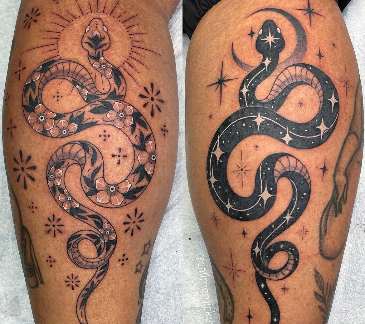 Matching black and grey snakes - sun and moon tattoo — black work