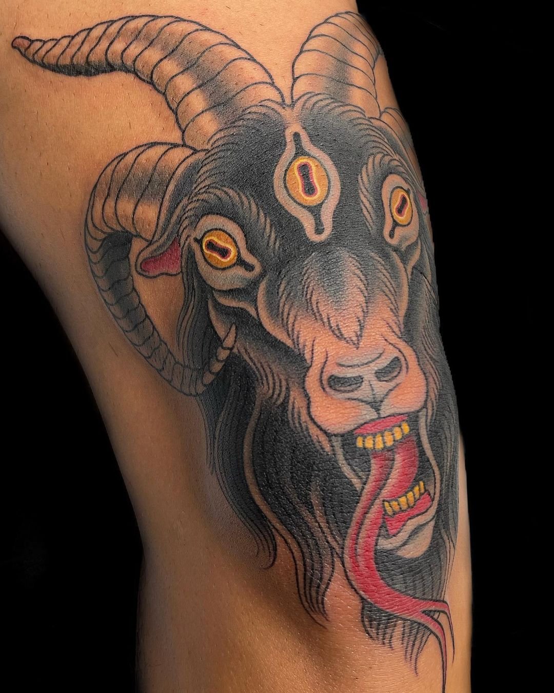 Goat / Black Phillip knee tattoo