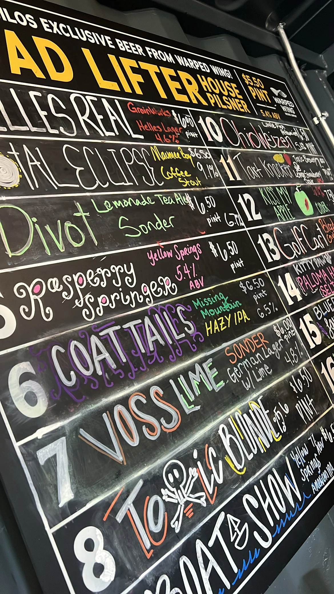 Colorful chalkboard menu listing craft beers, cocktails, and beverages with names, prices, and descriptions.