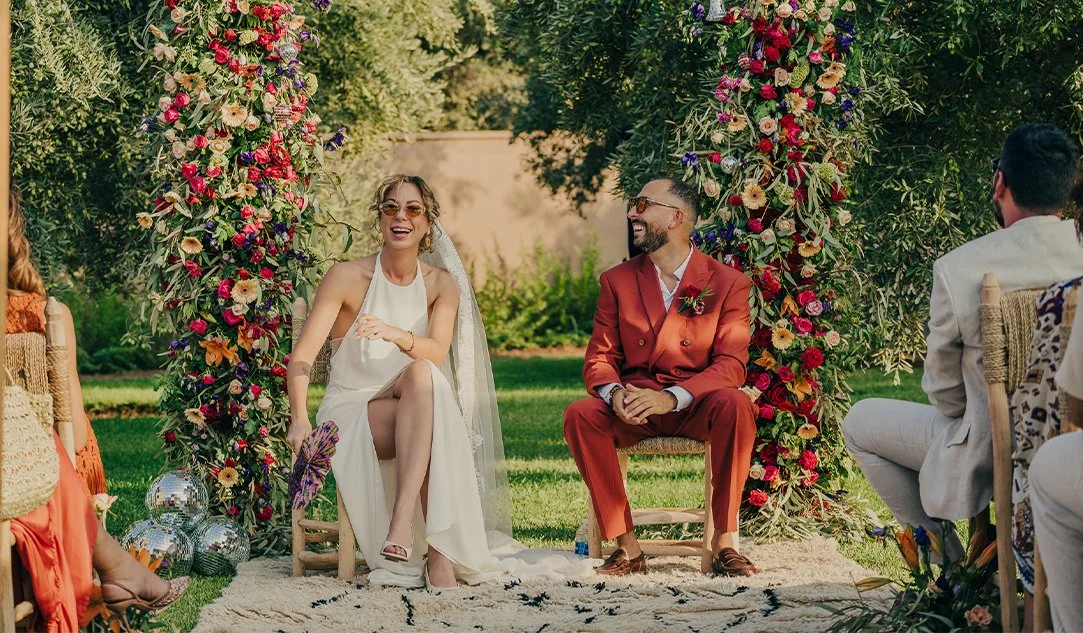 Bride and groom portrait at sunset in the Agafay Desert near Marrakech .jpg