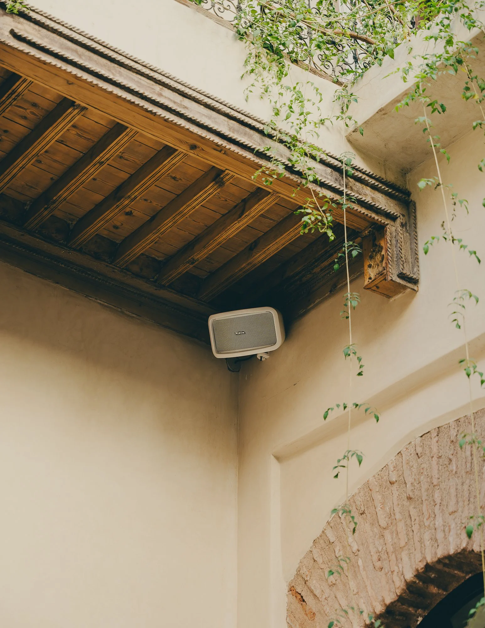 A beige wall, corner of a building with a wooden balcony, hanging green vines, and a small external speaker.