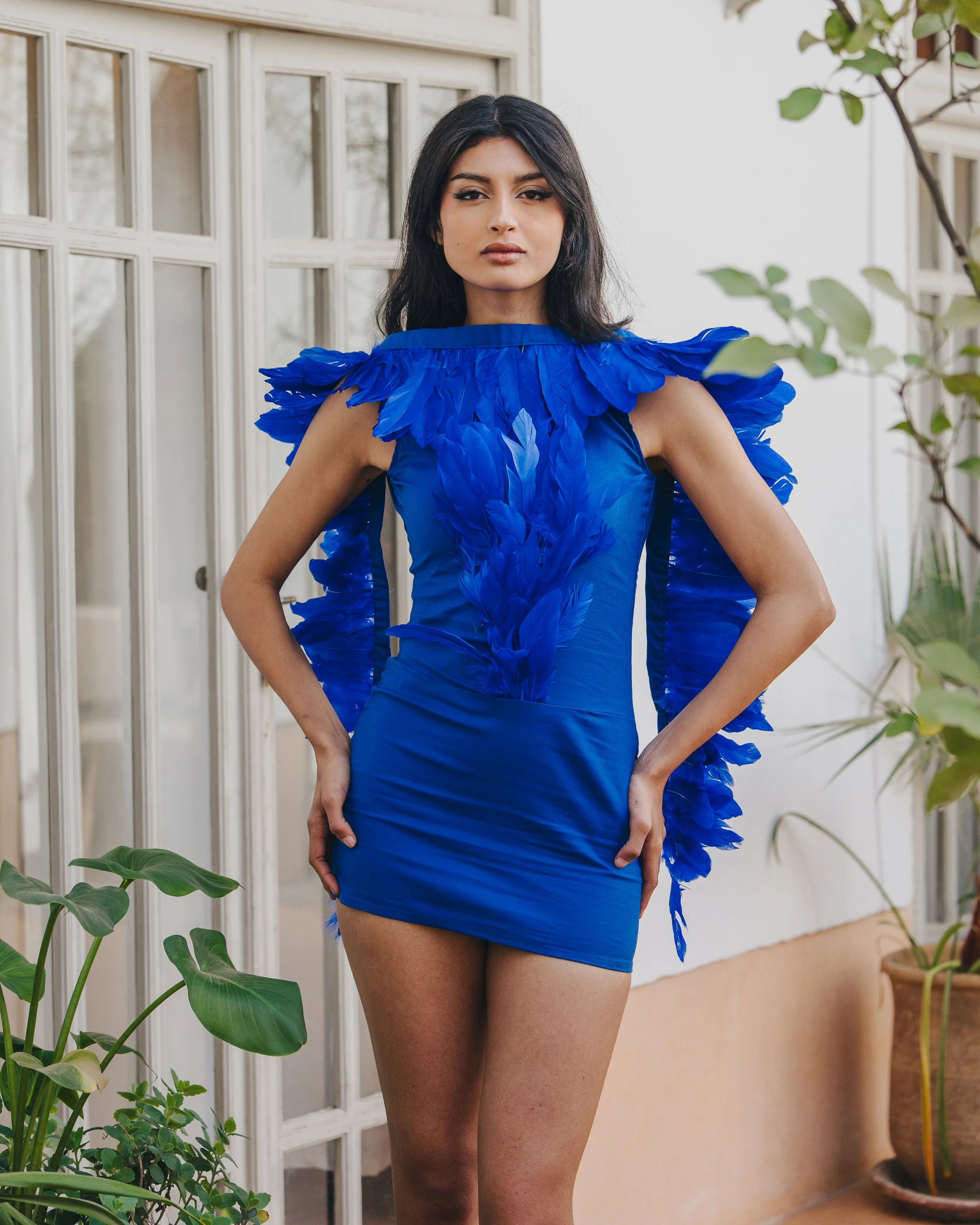 A woman wearing a striking blue dress with feathered details and structured shoulders, standing indoors near large windows and potted plants.