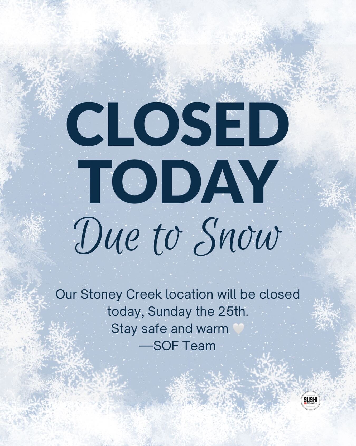 Brantford location open 12-8pm.
Hamilton remains closed on Sundays as usual. 
We&rsquo;ll be back to regular hours on Tuesday!