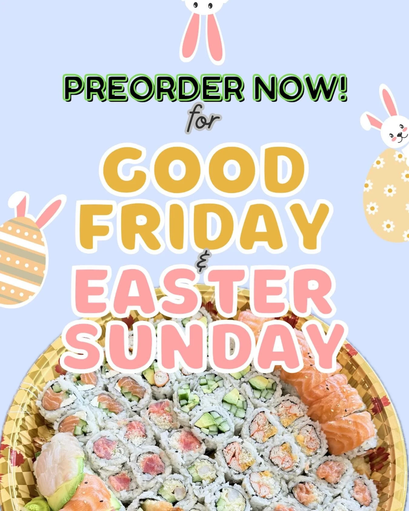 Please plan ahead by preordering on the website! ⭐️ 
Time slots will close off as they get full as usual! 🐣 

Order at ➡️ SushiOnFennell.com

Hours of Operation 
Brantford Tu-Sun 12-8pm
Hamilton Tu-Sat 12-8pm
Stoney Creek Tu-Sat 12-8pm | Sun 12-7pm