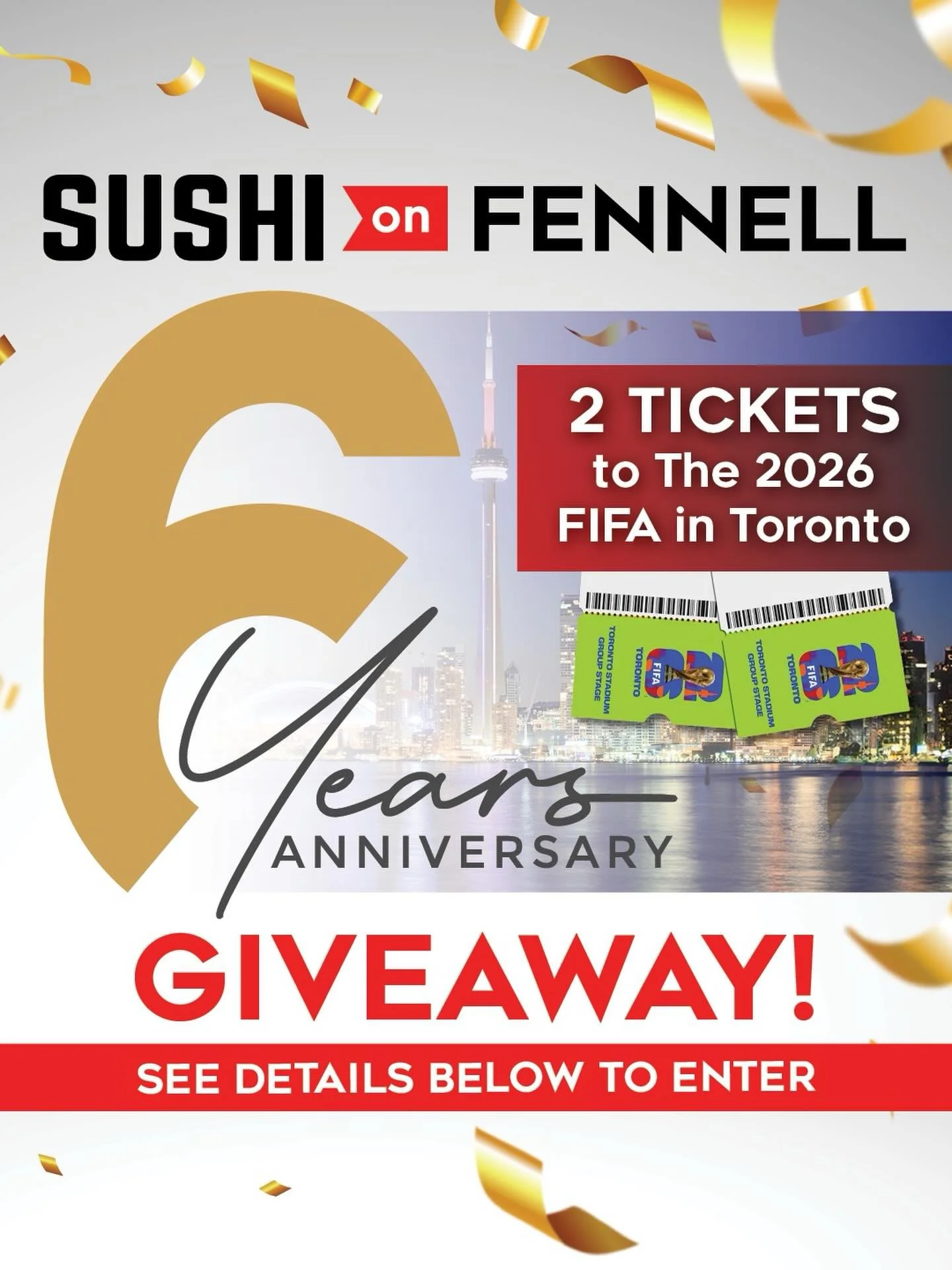 6  YEARS WITH SUSHI ON FENNELL!
Big milestone&hellip; so we&rsquo;re going for goal. ⚽

To celebrate, we&rsquo;re giving away 2 tickets to a FIFA match at BMO Field 👀 

How to enter:
&bull; Every online order in April = 1 entry
&bull; Orders must be