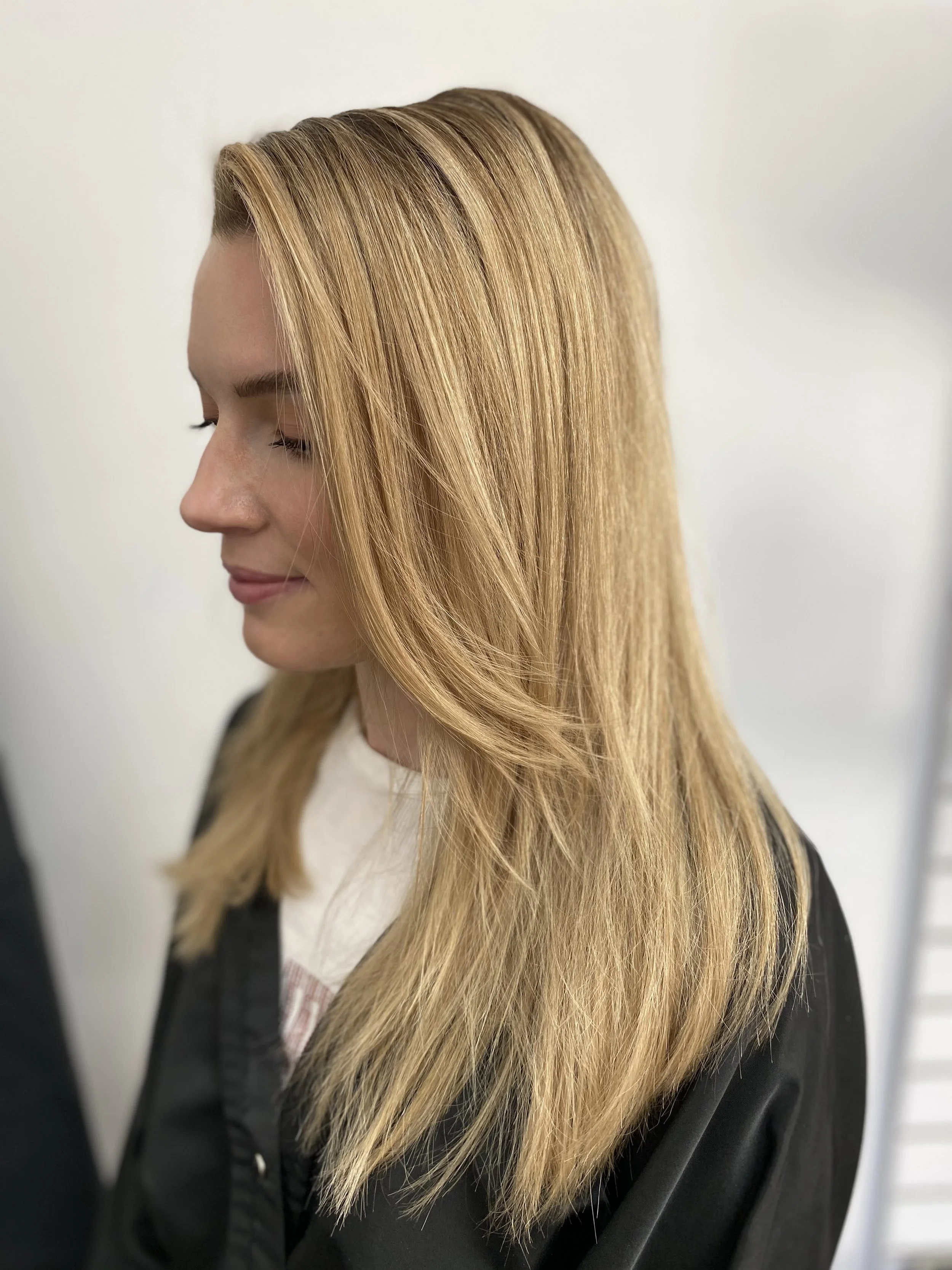 Esme has been through quite the transformation with her hair. We've been platinum, then this more golden blonde which is more suiting with her autumn palette. Check the next images in the gallery for her current look which is even more lived in.