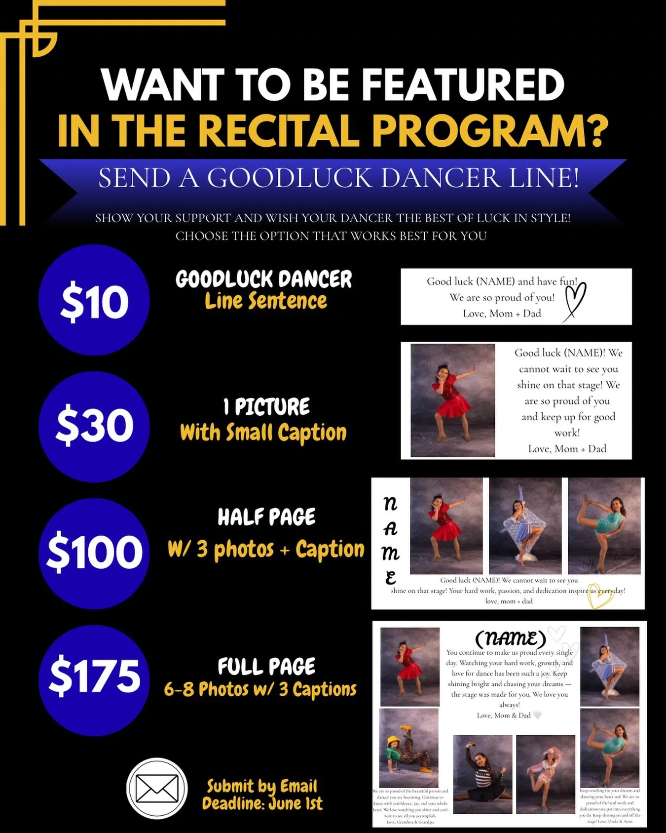 GOOD LUCK DANCER LINES!!! 
Be featured in the program at recital! 🤍
Email today! 📧