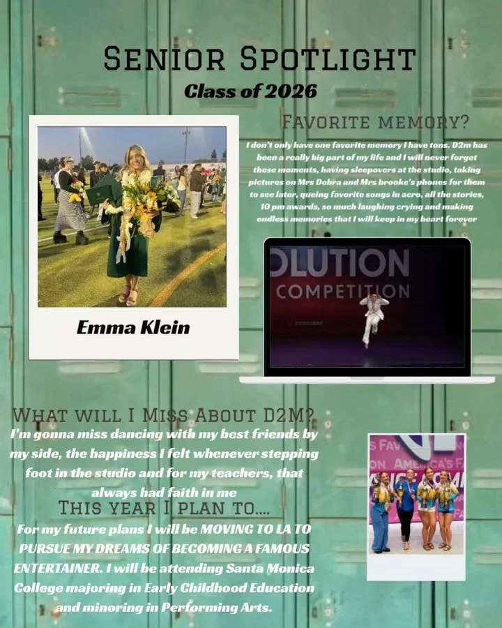 ✨ Senior Spotlight: Emma ✨

It&rsquo;s hard to put into words just how much Emma means to the D2M family. From being a student in our classrooms to stepping into a leadership role as a teacher, she has poured her heart and soul into this studio and i