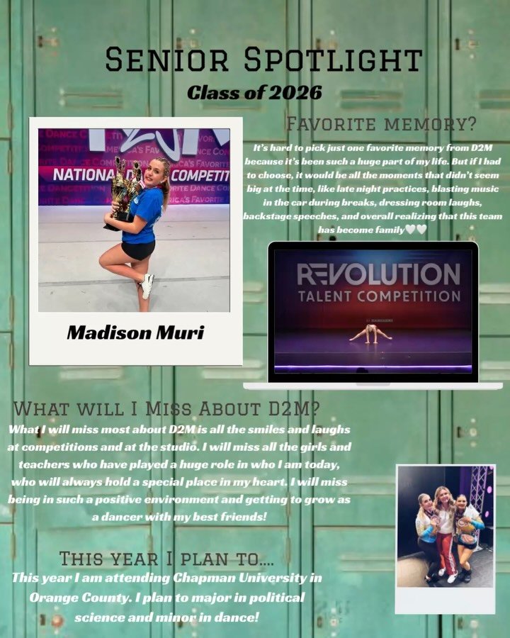 ✨ Senior Spotlight: Madison Muri ✨

If anyone can do it all, it&rsquo;s Madison.

From juggling the most dances on the team to staying involved at school, Madison somehow manages it all&mdash;and does it with a smile on her face. Whether she&rsquo;s 