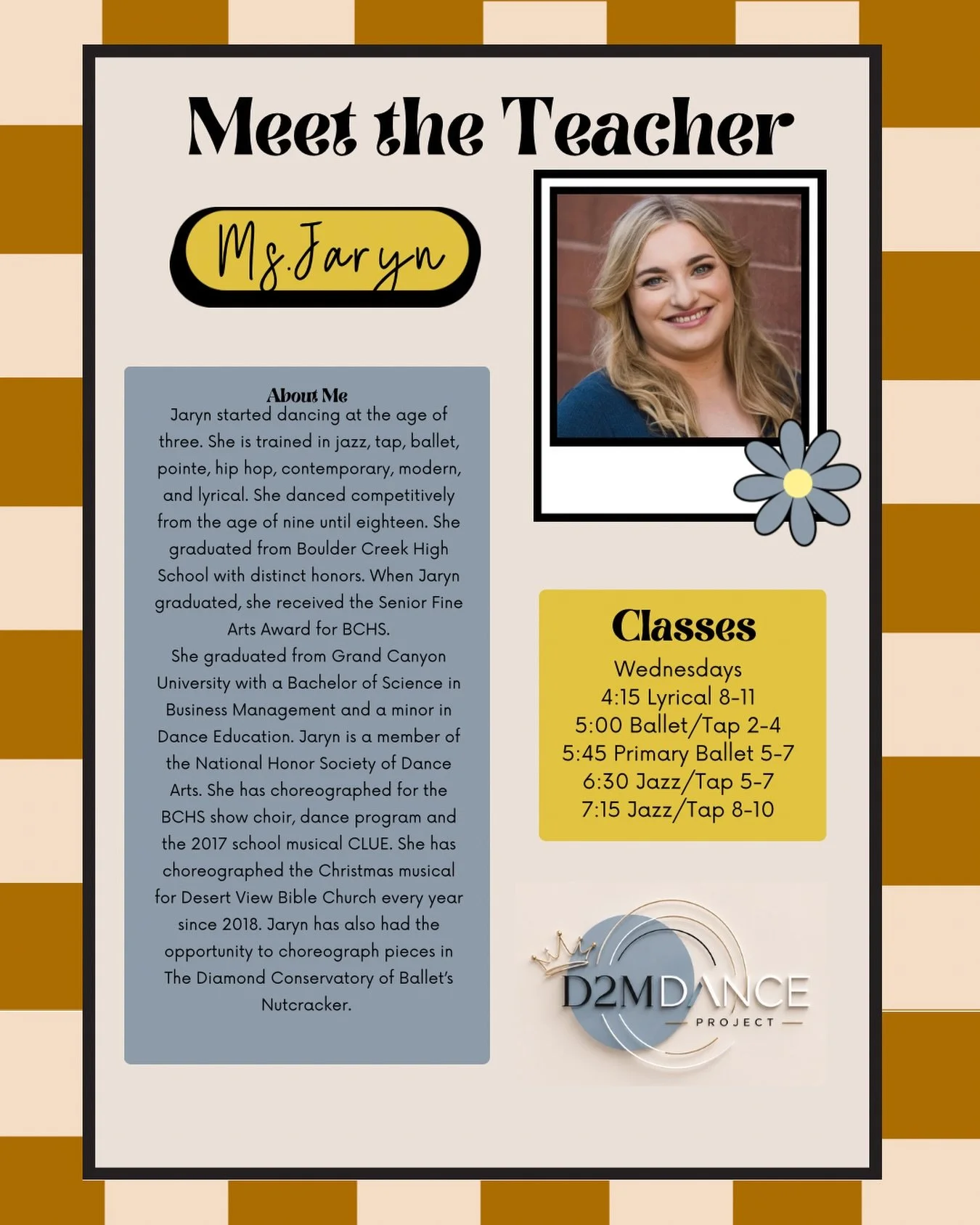 The D2M family is growing. 🤍

We are beyond excited to welcome Mrs. Jaryn to our teaching staff for Season 31. She brings experience, passion, and a heart for helping every dancer become the best version of themselves.

We know our dancers are going