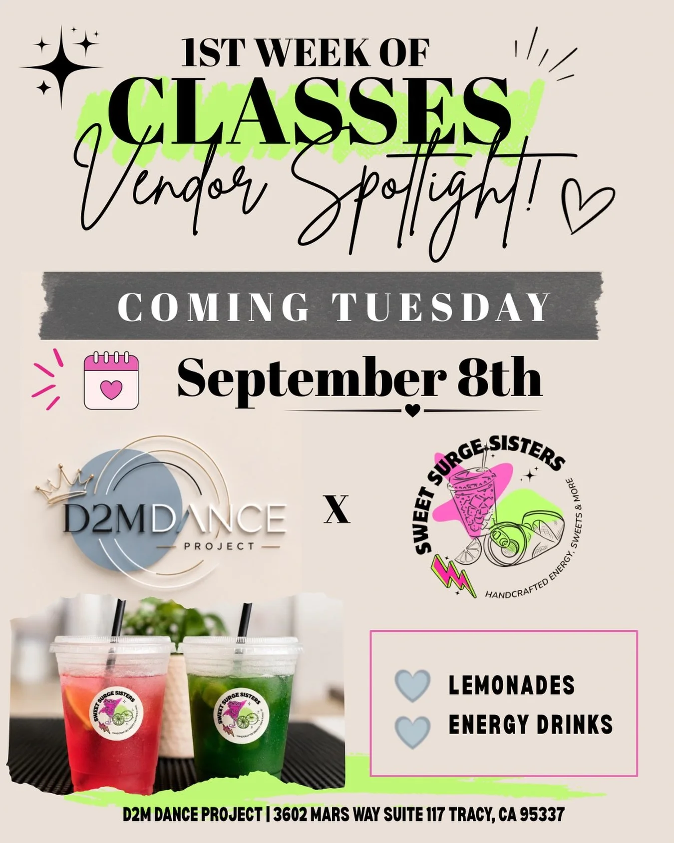 ✨ We&rsquo;re so excited to kick off our first week of classes with an amazing local business! 💚🩷

Join us on Tuesday, September 8th, from 4:00&ndash;8:00 PM as Sweet Surge Sisters will be at D2M serving their handcrafted lemonades and energy drink