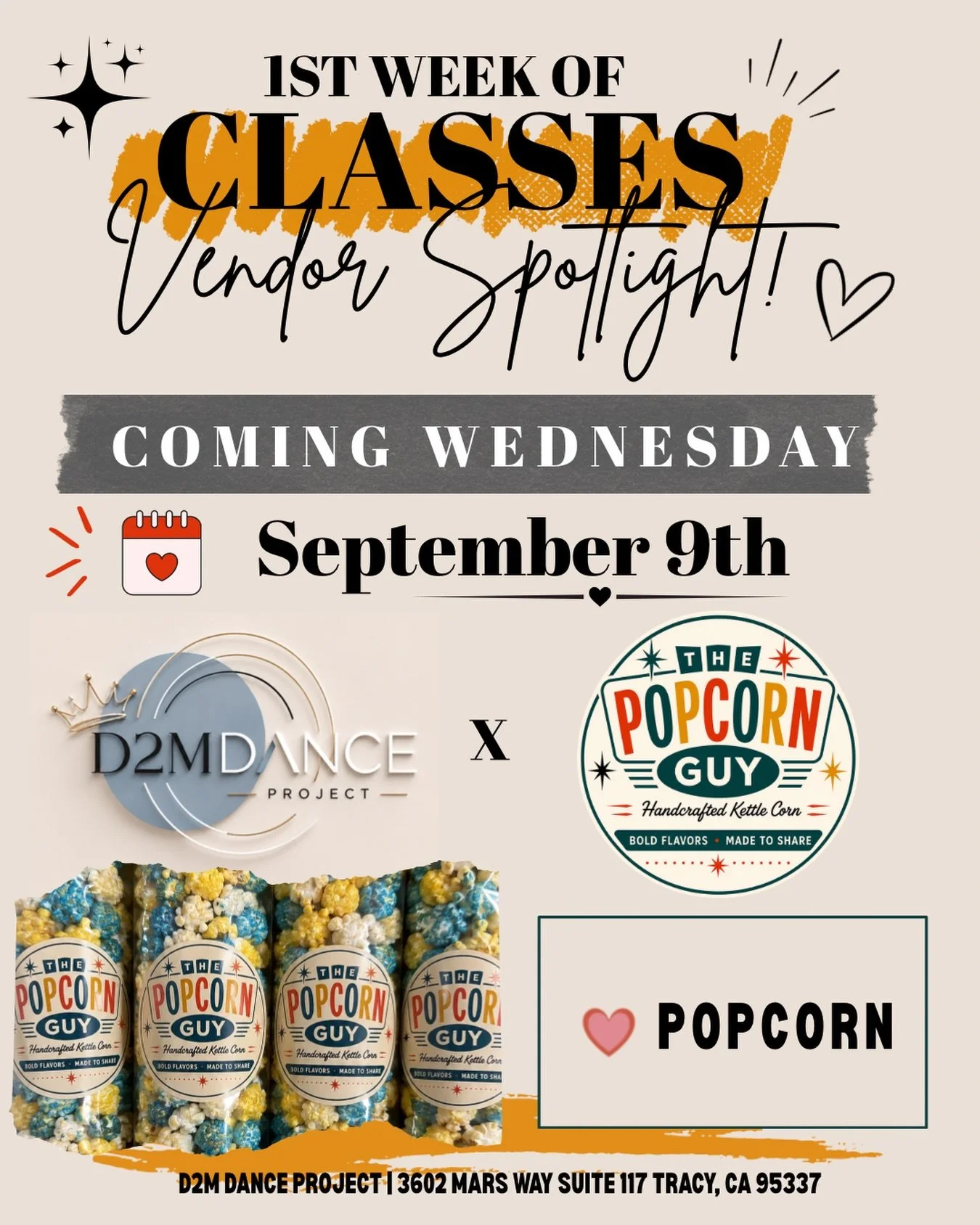 Kicking off our first week of classes with something extra fun! 🍿✨

We&rsquo;re so excited to have The Popcorn Guy joining us for our first Vendor Spotlight of the season!

📅 Wednesday, September 9th
⏰ 4:00&ndash;8:00 PM
📍 D2M Dance Project
🍿 Bag