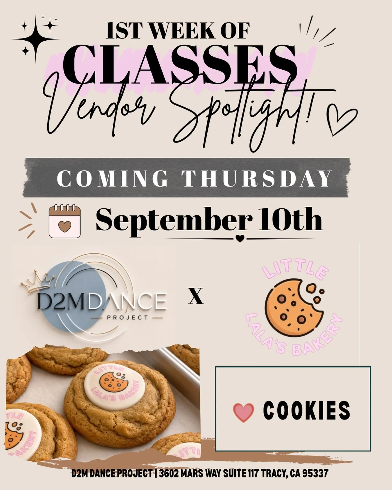 Our first week of classes just got a little sweeter! 🍪🤍

Little Lala&rsquo;s Bakery will be joining us at D2M on Thursday, September 10th from 4:00&ndash;8:00 PM! Celebrate the start of Season 31 with us! ✨

📍3602 Mars Way, Suite 117, Tracy, CA
