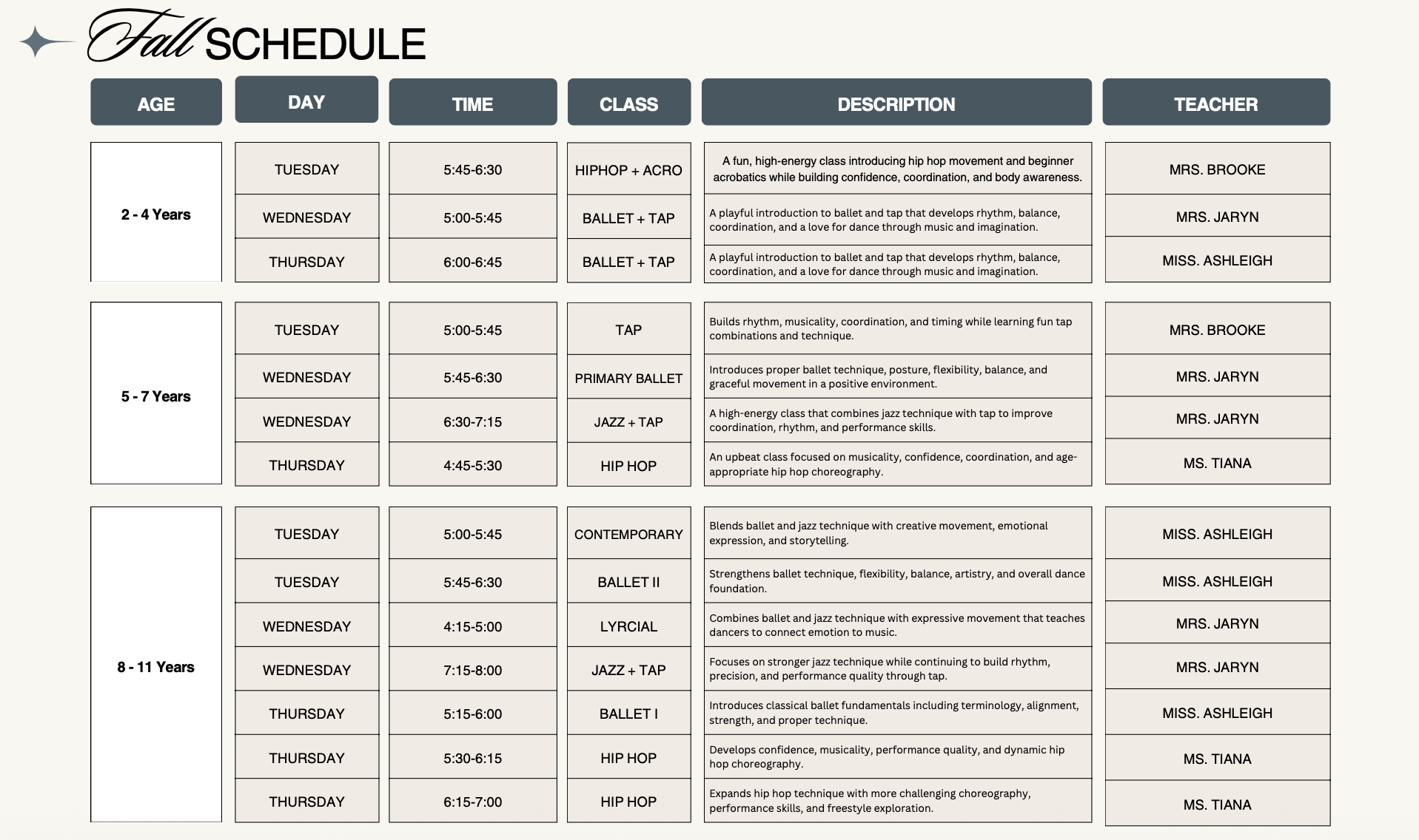 Fall activity schedule with classes for different age groups, including hip hop, ballet, jazz, tap, contemporary, and lyrical dance styles, with details on days, times, descriptions, and instructors.