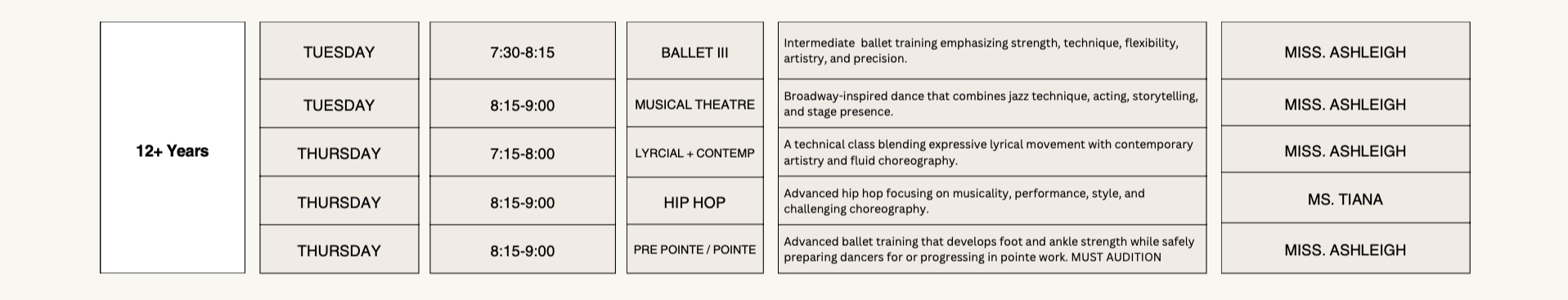 Dance class schedule for students aged 12 and older, listing days, times, class types, descriptions, and instructors.
