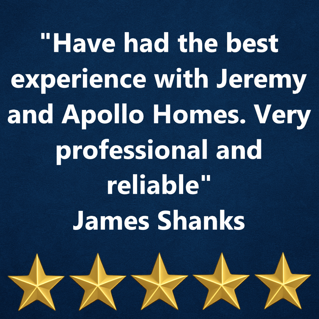 Quote about Jeremy and Apollo Homes with five gold stars at the bottom.