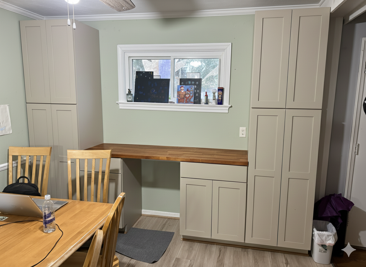 Kitchen corner with beige cabinets, a small window with holiday decorations, a wooden countertop, a dining table with chairs, a water bottle, a laptop, and a ceiling fan.