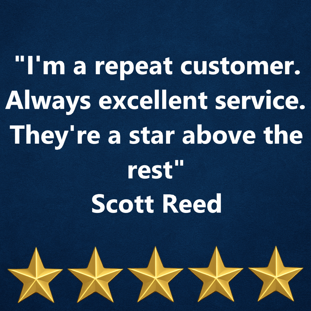 Quote by Scott Reed praising excellent service, with five gold stars at the bottom.