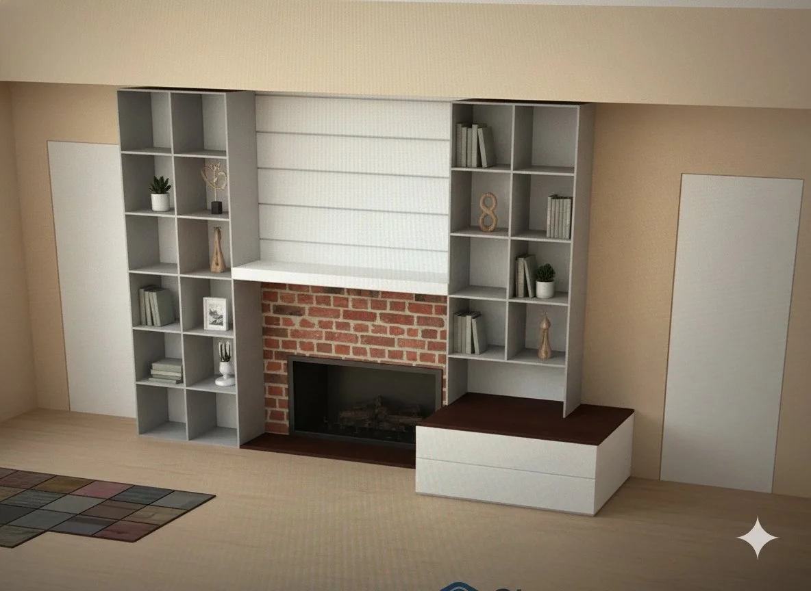 Living room with a built-in white and wood fireplace surrounded by white shelves filled with books and decorative items, and two plain white doors on either side.
