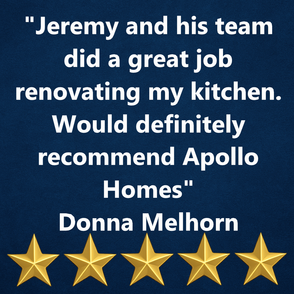 Testimonial quote from Donna Melhorn praising Jeremy and his team for renovating her kitchen, with five gold stars displayed at the bottom.