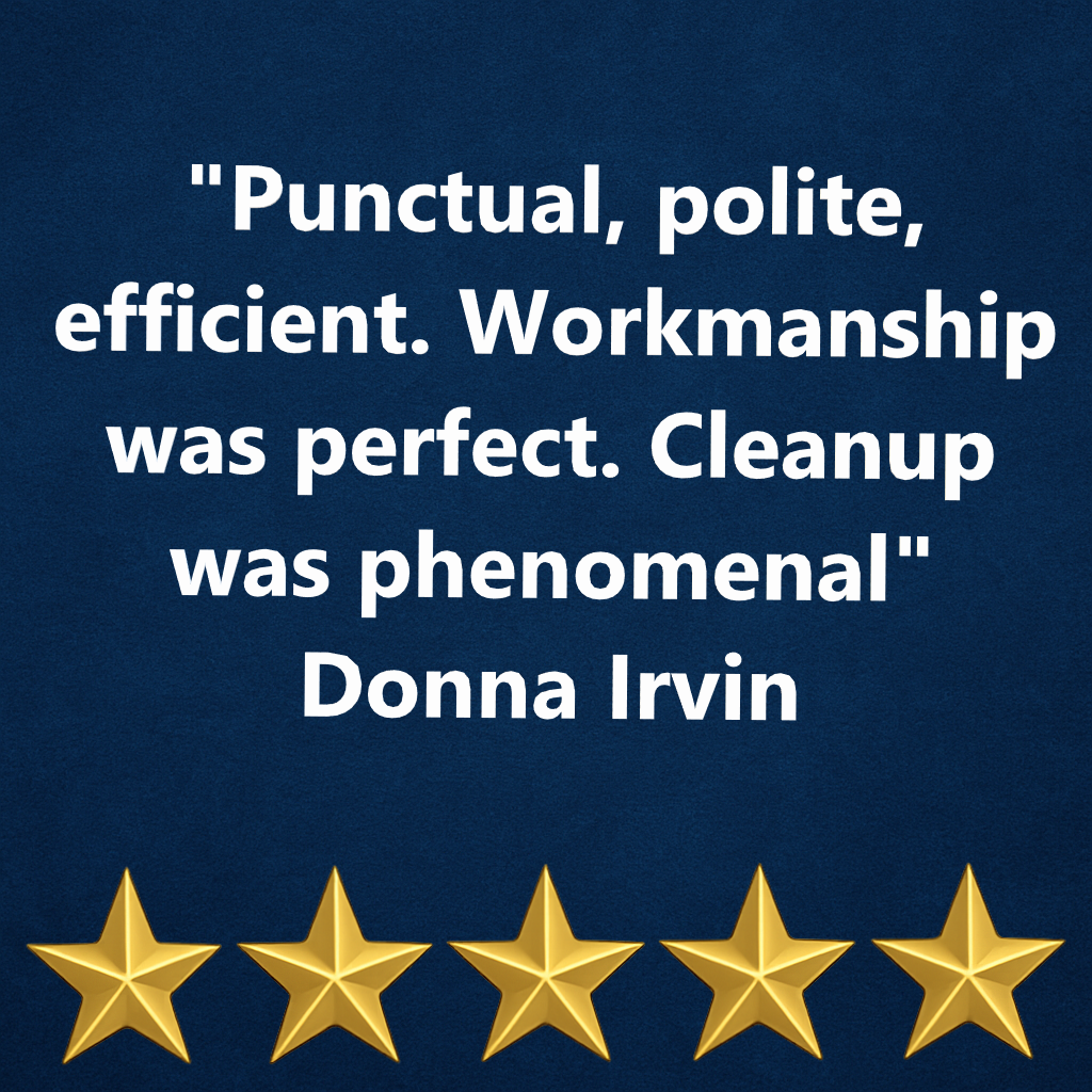 Quote by Donna Irvin praising workmanship, with a five-star rating at the bottom.