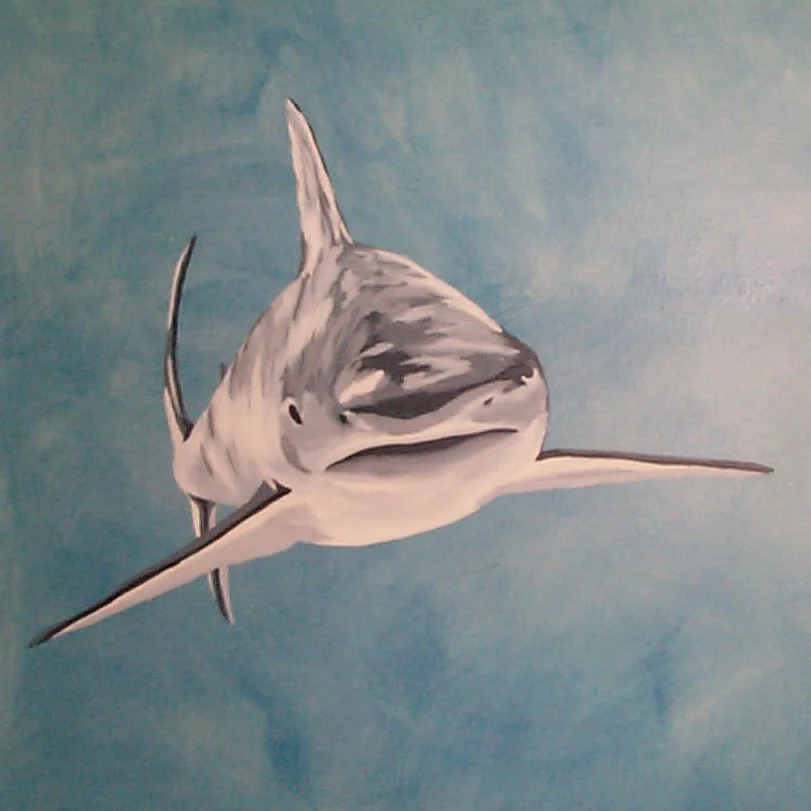 great white shark - painted by me. 
The shark is hidden behind the door when open. 
Missing image: next to the door was a dock piling with a pelican that I painted perched on top.