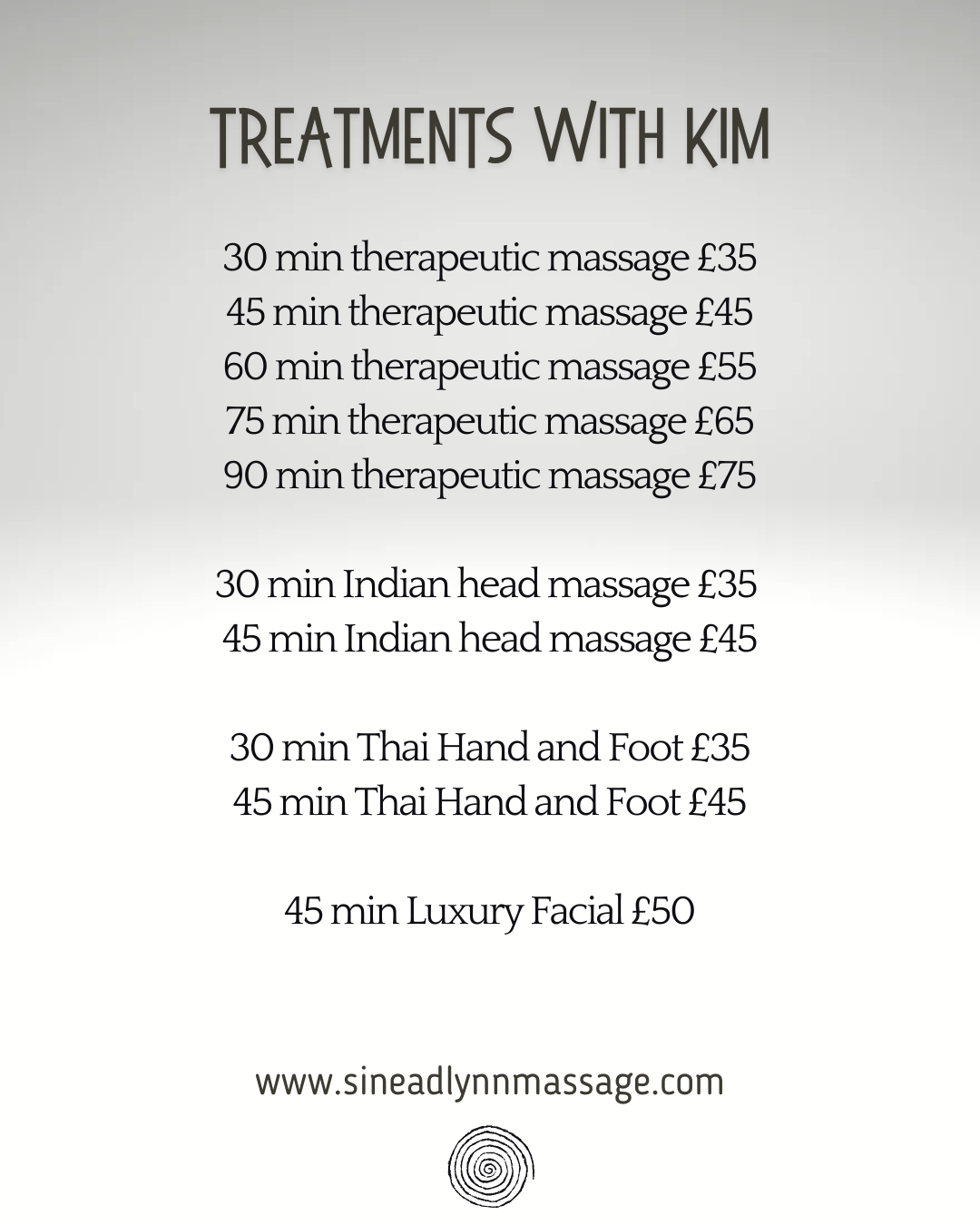 A list of treatments and pricing for Kim