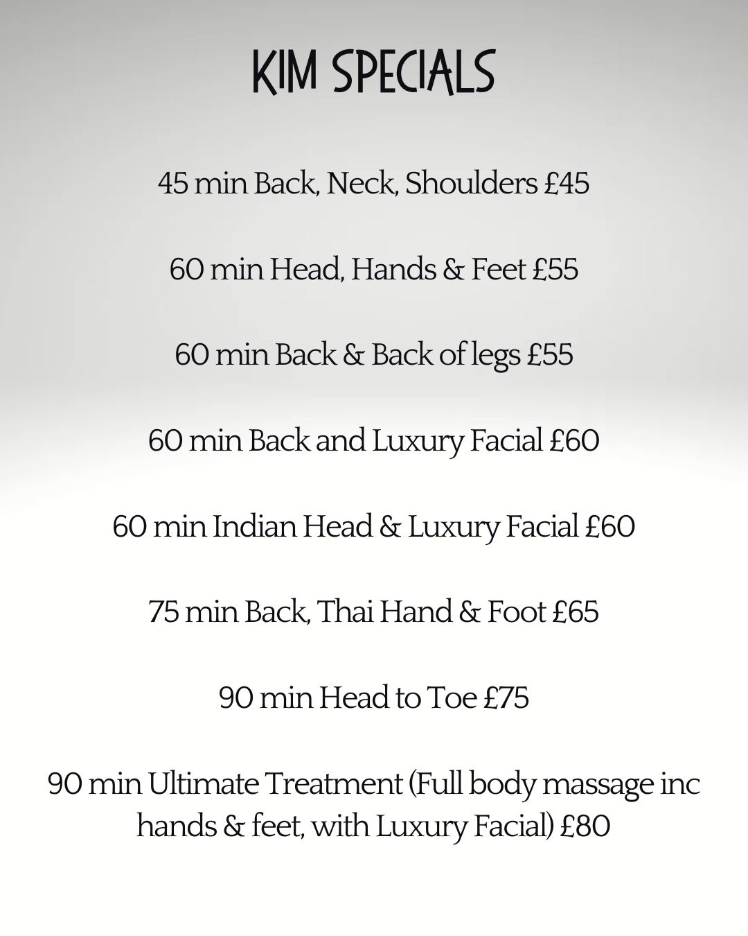 A treatment list and prices of specialist massages with Kim