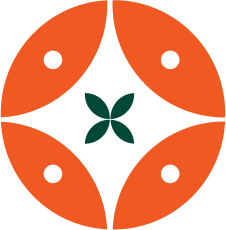 Stylized orange flower with four petals surrounding a green leaf in the center, on a black background.