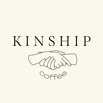 Line drawing of two hands shaking, with the word "KINSHIP" above and "coffee" curved below.