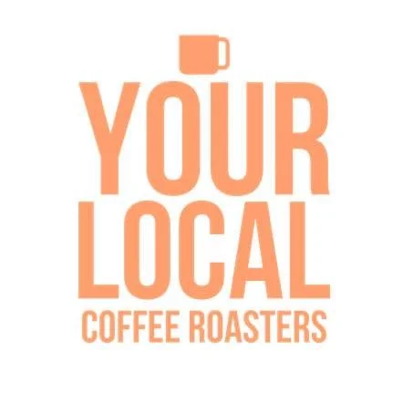 Text graphic with a coffee mug icon at the top, reading "Your Local Coffee Roasters" in bold orange letters.
