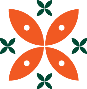 A stylized butterfly with orange wings and green accents on a black background.