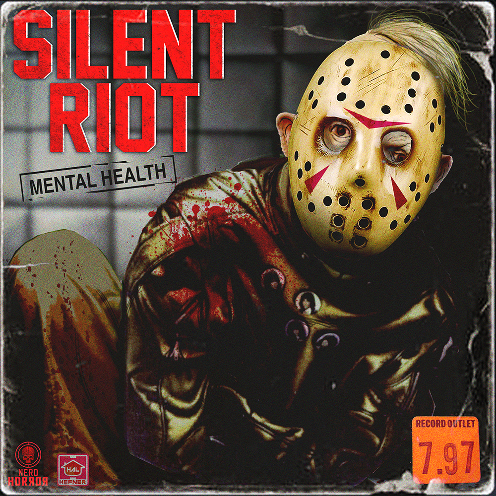 a man in a green straight jacket is wearing a yellowed hockey mask in an insane asylum on the album cover for the band silent riot with their name written in red bold letters