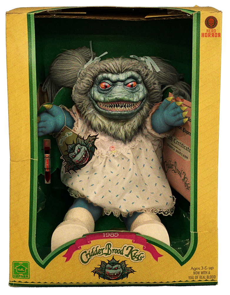 A monster doll with red eyes and sharp teeth and green lizard like skin in the body of a cabbage path kid with the face of an alien from the movie critters