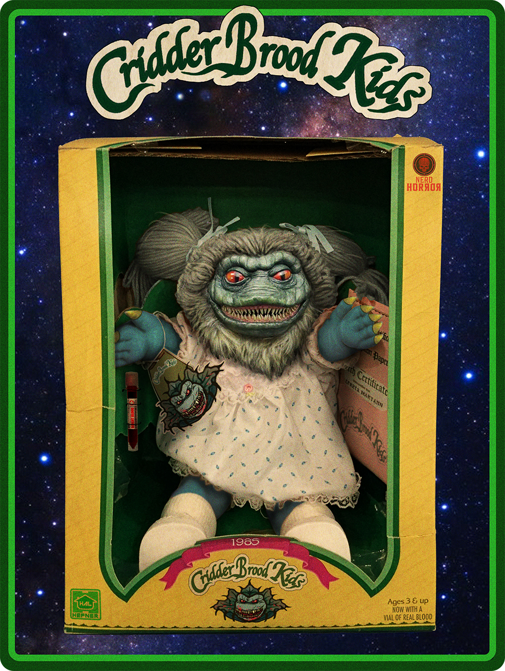 a hairy monster baby doll with red eyes and many sharp teeth with a lizard face inspired by the movie critters and the cabbage patch kid dolls in80s retro design of outer space background with stars, outlined by two light green and dark green borders