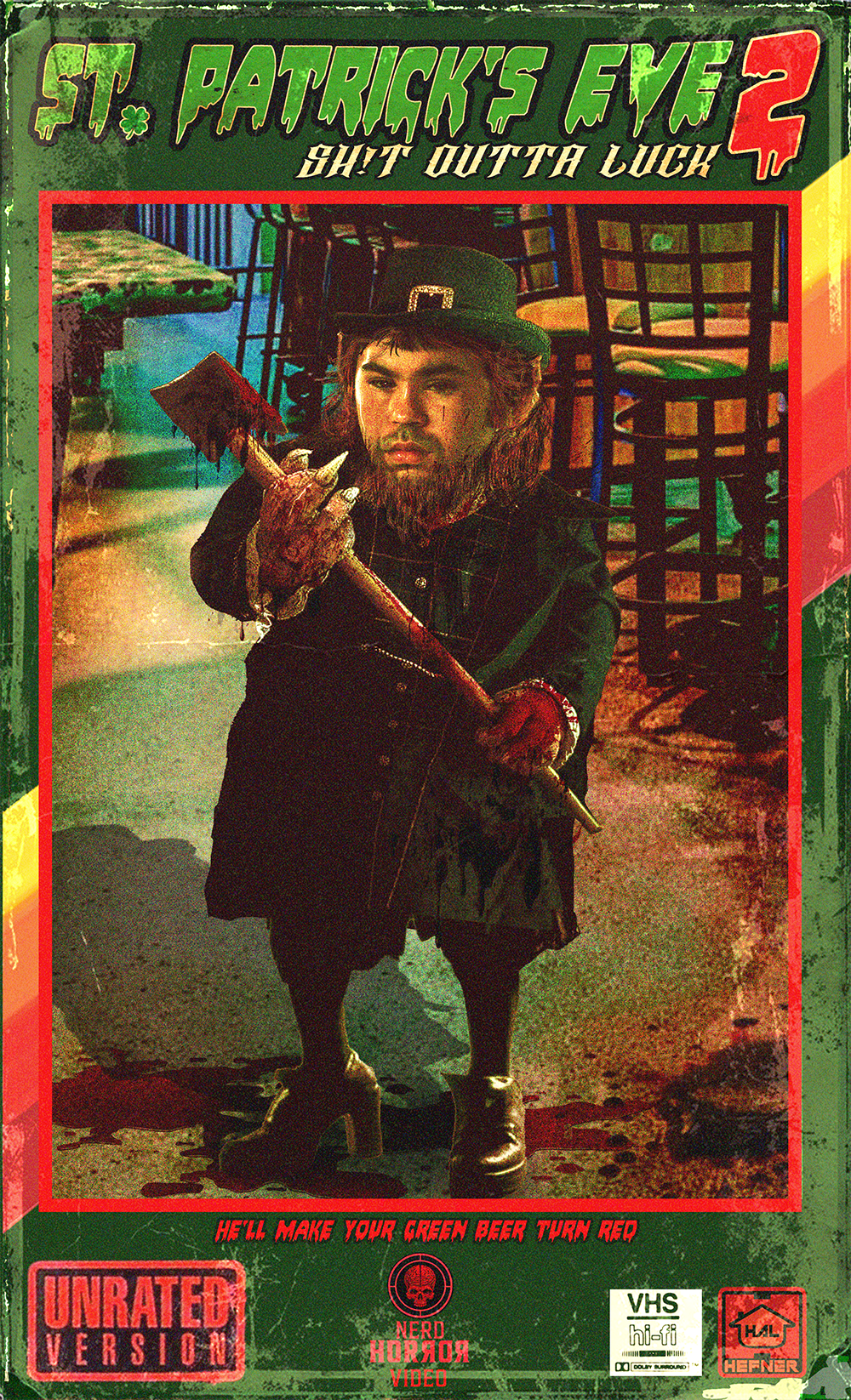 a leprechaun with a red beard, big lips and a green top hat stands in the middle of an irish pub with brown stools holding a bloody axe