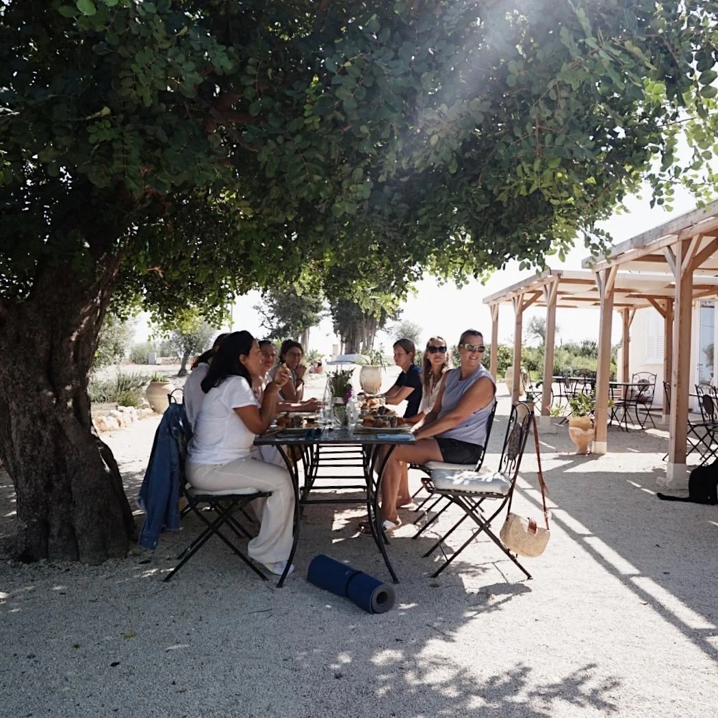 A group of people sitting around a table under a large tree, enjoying a meal outdoors with a pergola in the background.