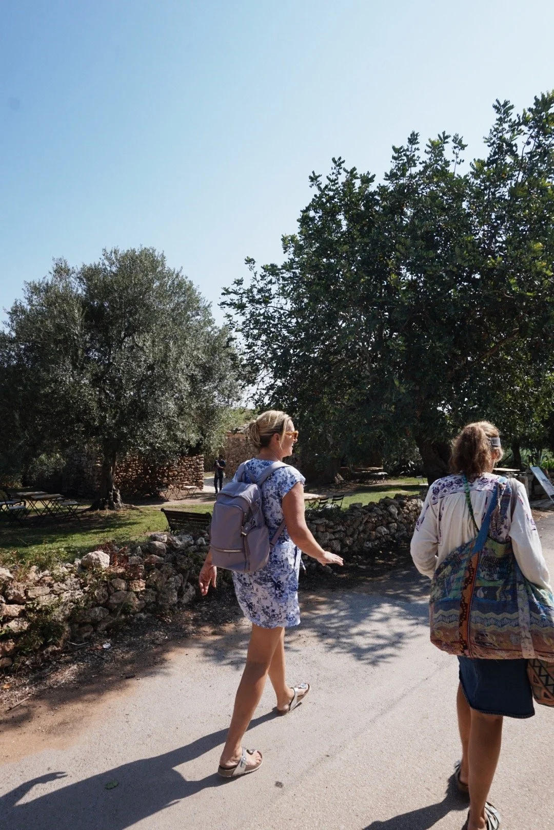 Two people walking outdoors near large trees and stone walls on a sunny day.