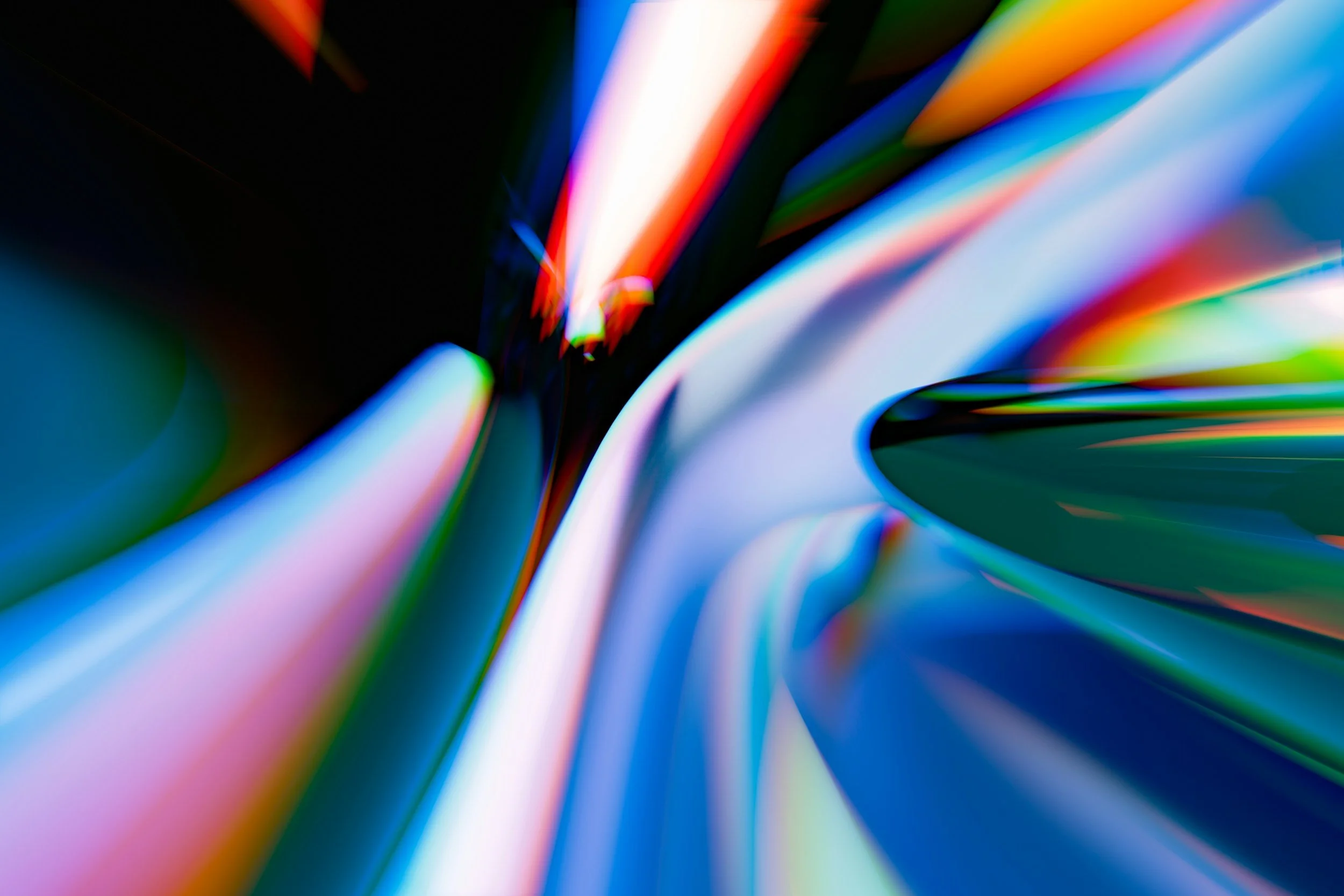 Abstract digital artwork with multicolored light streaks on a dark background.