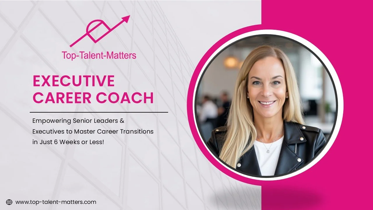 Promotional graphic for an executive career coach program, featuring a smiling woman with blonde hair in a black leather jacket, and text promoting a program to master career transitions in six weeks or less, with a logo, a website URL, and professional background setting.