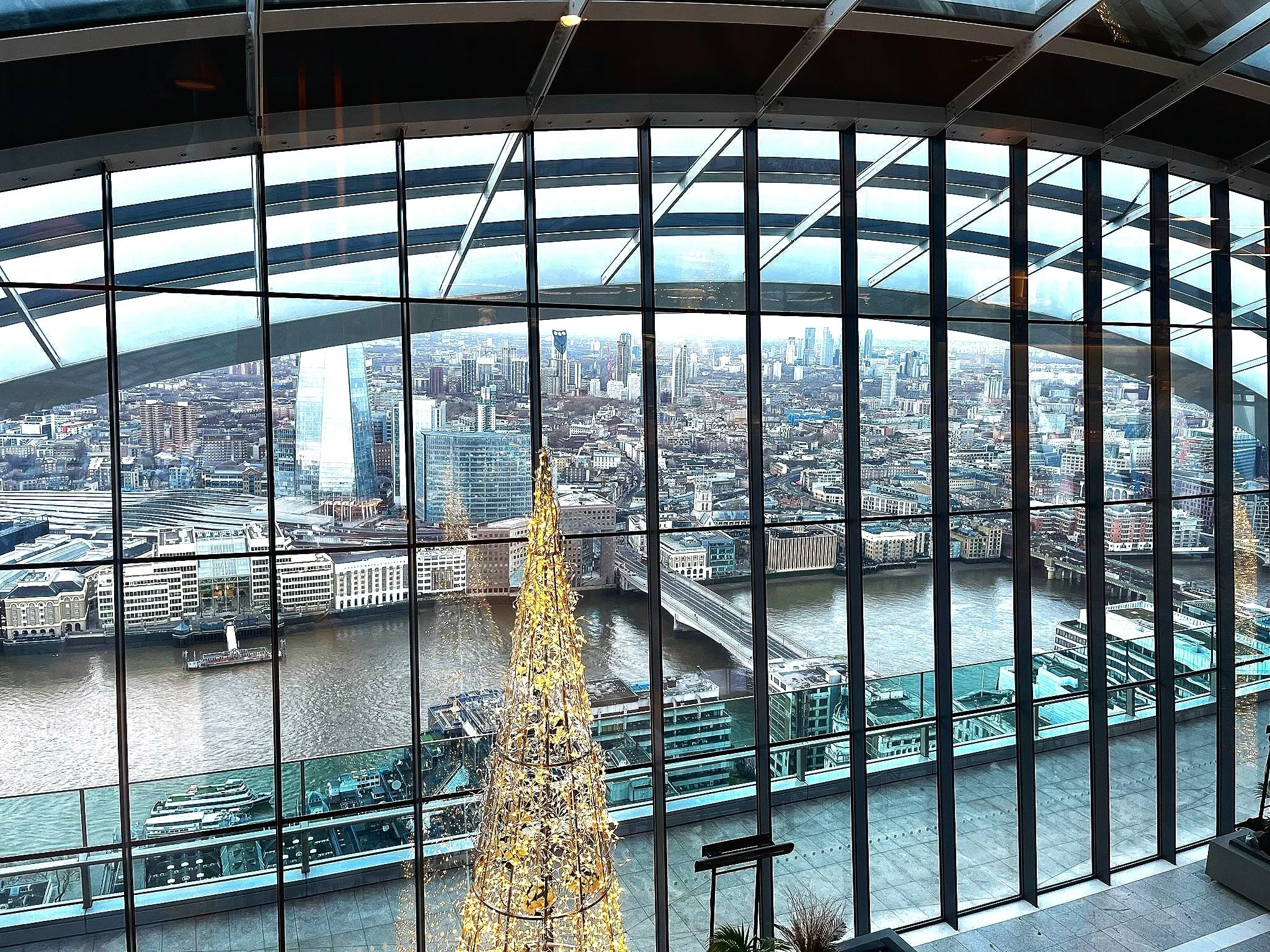 A panoramic view of a cityscape seen through large floor-to-ceiling glass windows from inside a modern building. There is a brightly lit Christmas tree in the foreground.