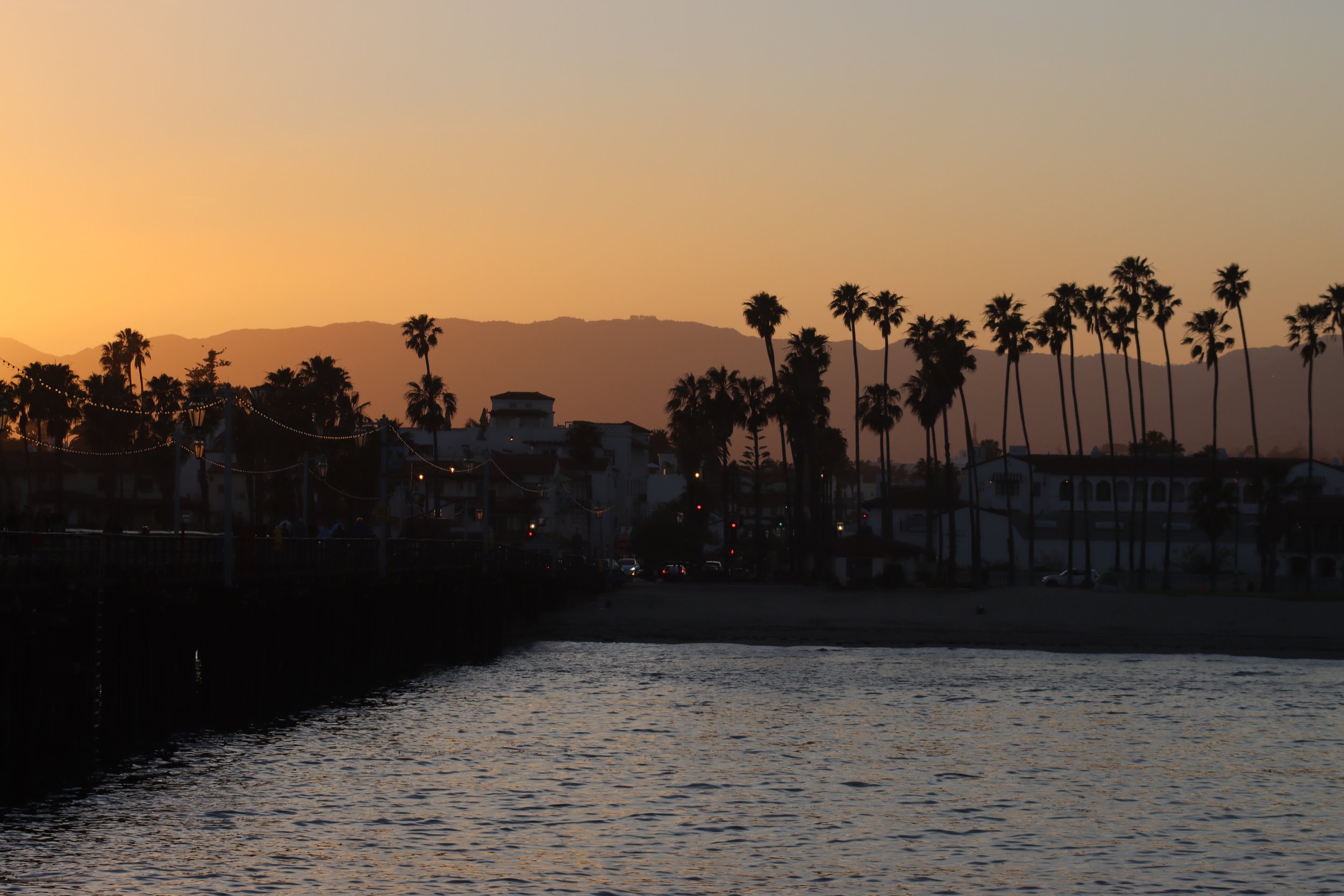 Sunset view of a coastal area with palm trees, houses, and mountains in the background.
