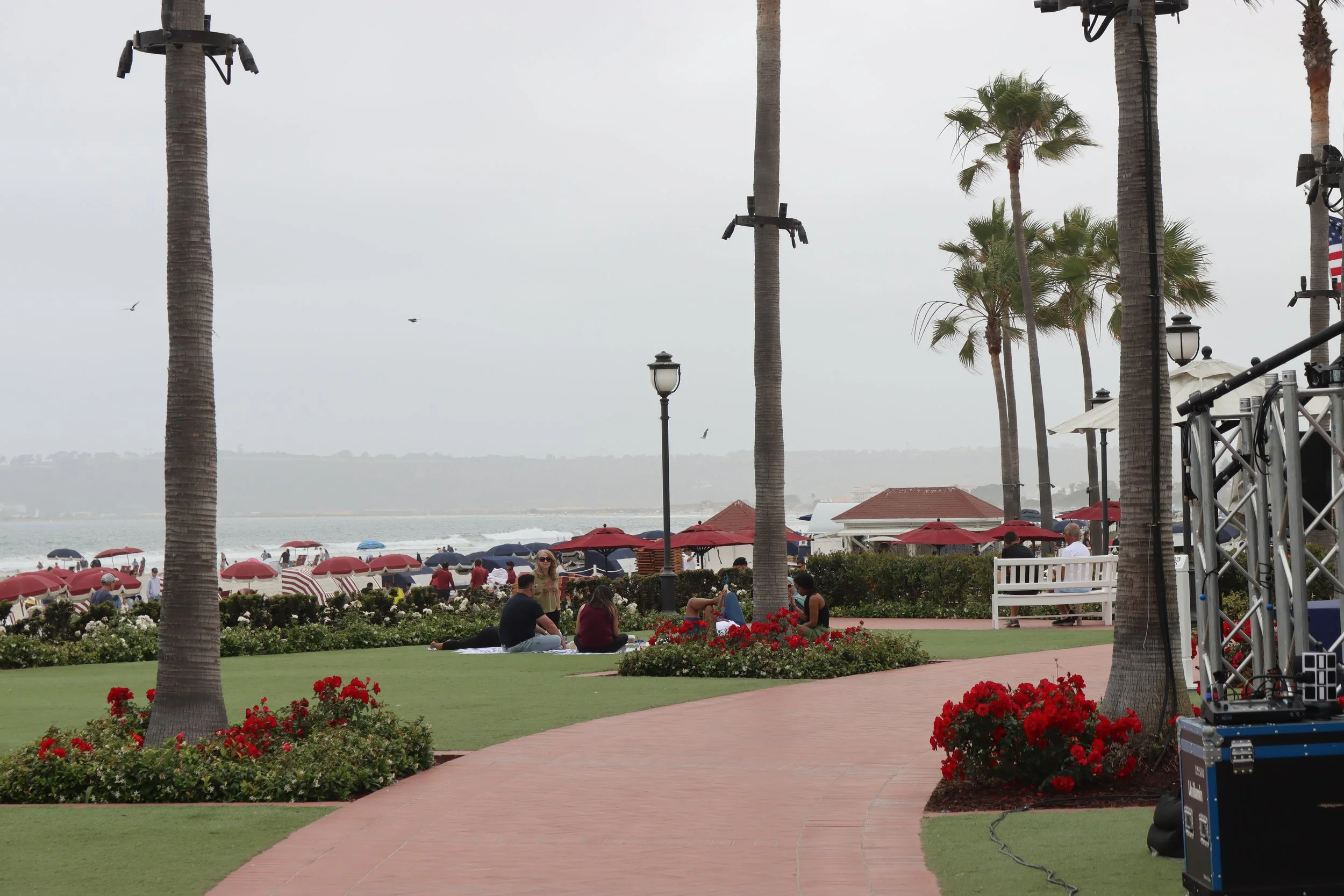 Beachside park scene with palm trees, flowers, people sitting on the grass, and umbrellas along the beach