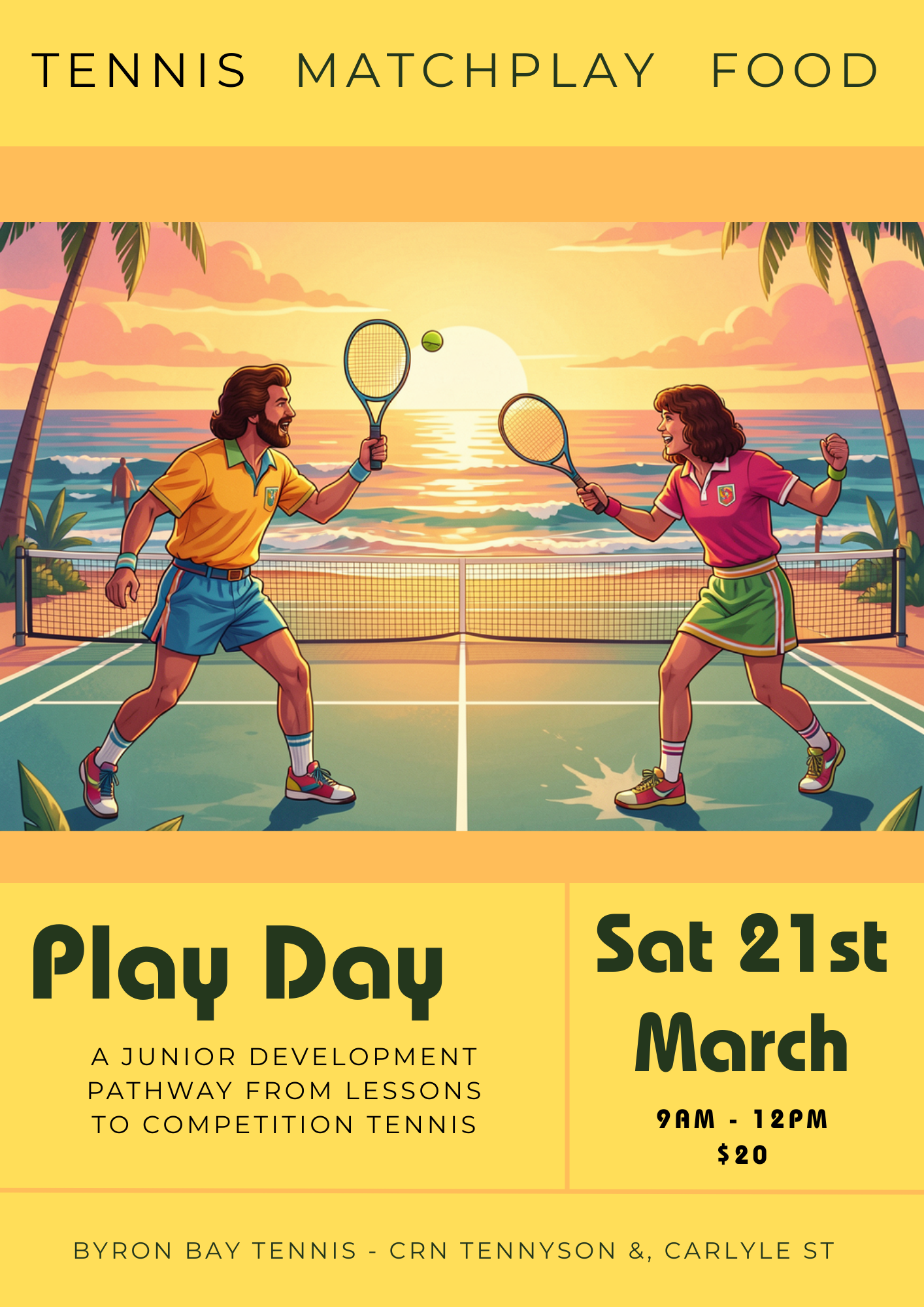 Play Day tennis event organised by Red Hot Tennis Mullumbimby, featuring coaching and fun for all ages.