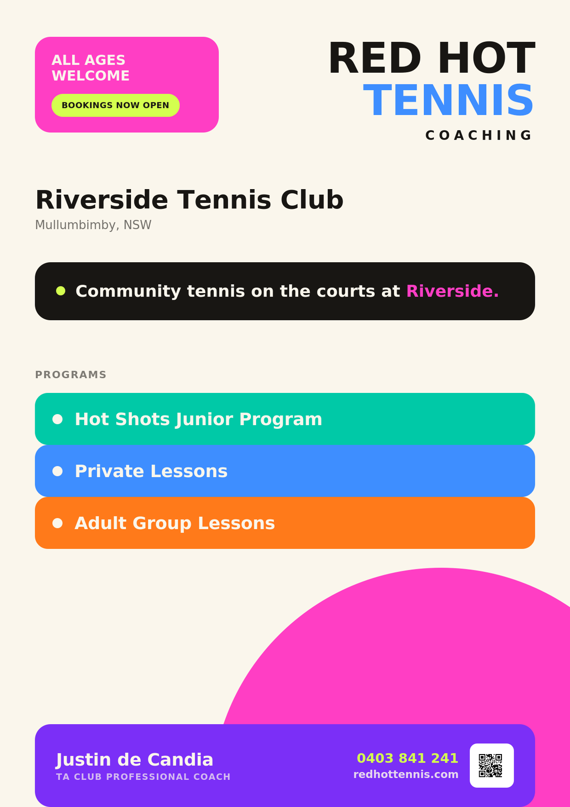 Red Hot Tennis Coaching at Riverside Tennis Club in Mullumbimby, NSW offers tennis coaching for all ages and abilities. Led by Justin de Candia, TA Club Professional Coach, the programs include Hot Shots junior tennis, private lessons, and adult grou