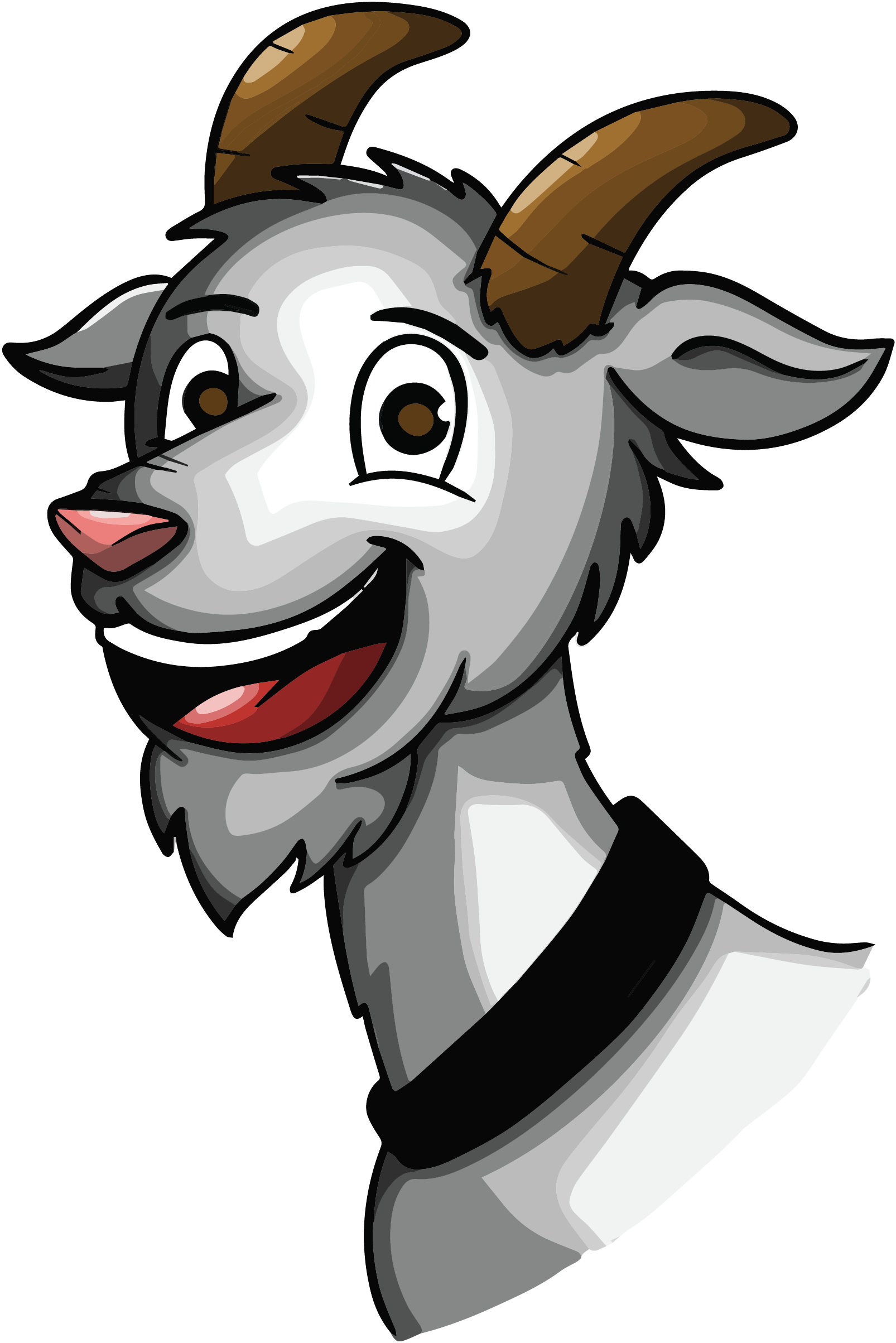 Cartoon of a smiling goat with brown horns, gray fur, and a black collar against a black background.